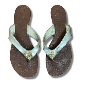 Tory Burch Womens Metallic Gold Thora Thong Sandals Patent Leather Straps sz 7.5